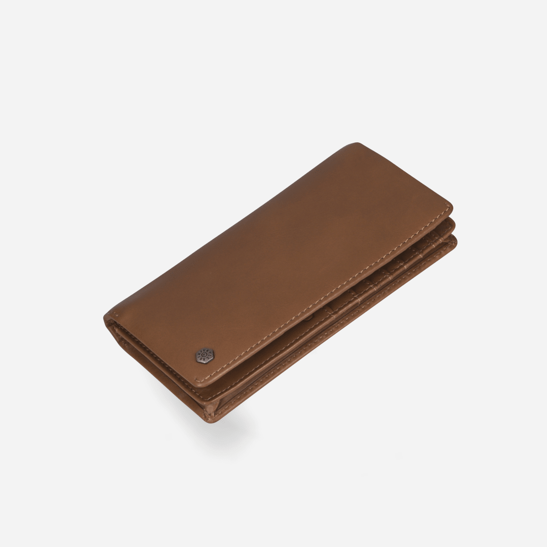 Jekyll and Hide - Large Travel And Mobile Wallet - Tan | Mocha | Black in tan leather, showcasing compartments for cards and cash.