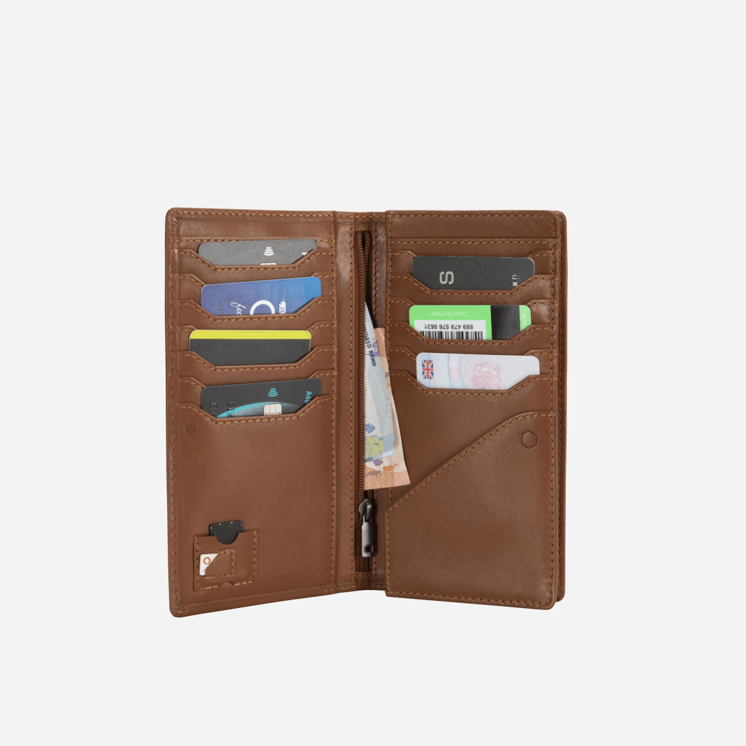 Jekyll and Hide - Large Travel And Mobile Wallet - Tan | Mocha | Black open showing card and cash compartments.