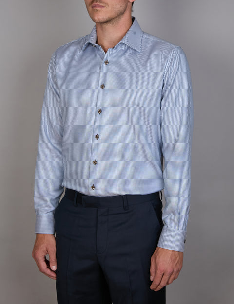 Abelard - Long Sleeve Business Shirt - Blue with Chocolate & White Thread