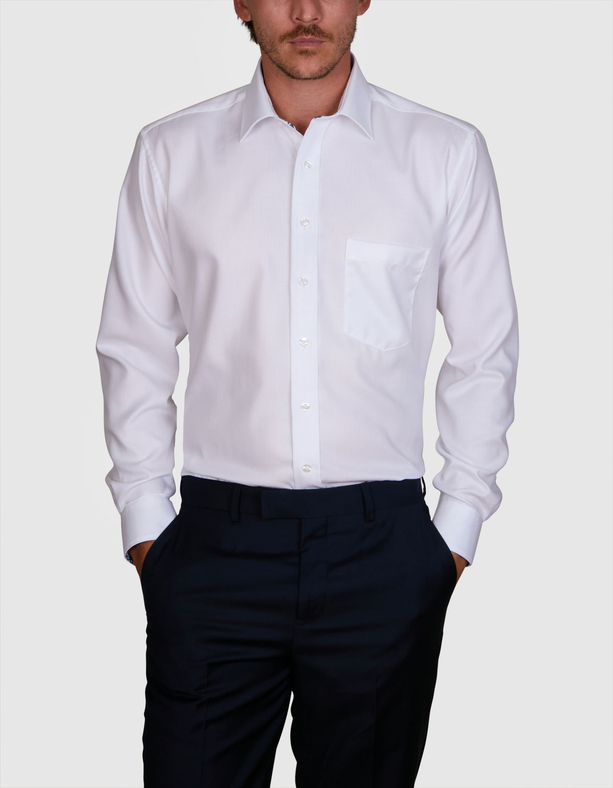 Abelard - Long Sleeve Business Shirt - Herringbone - White
