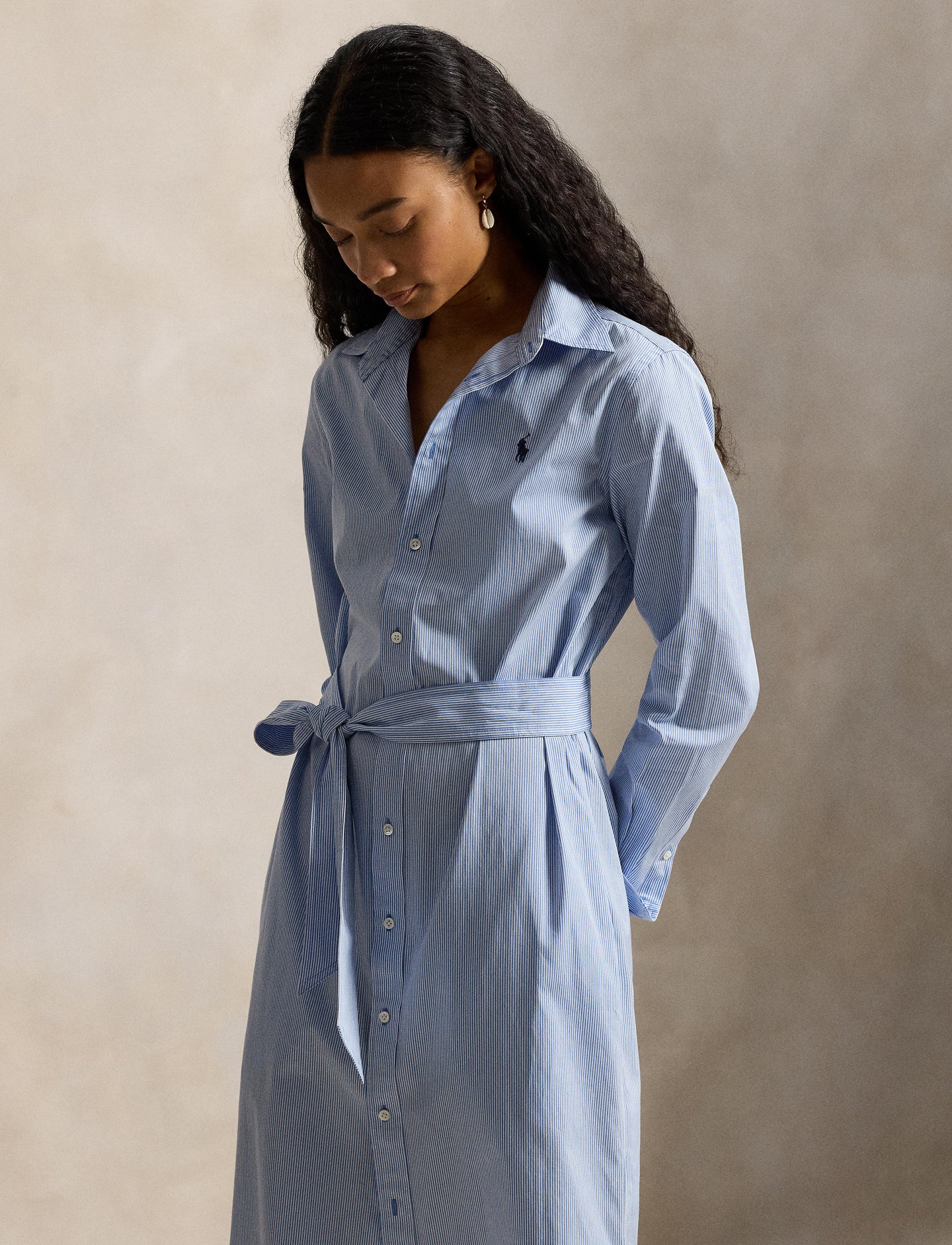 Polo Ralph Laruen - Belted Striped Cotton Shirtdress - Medium Blue & White