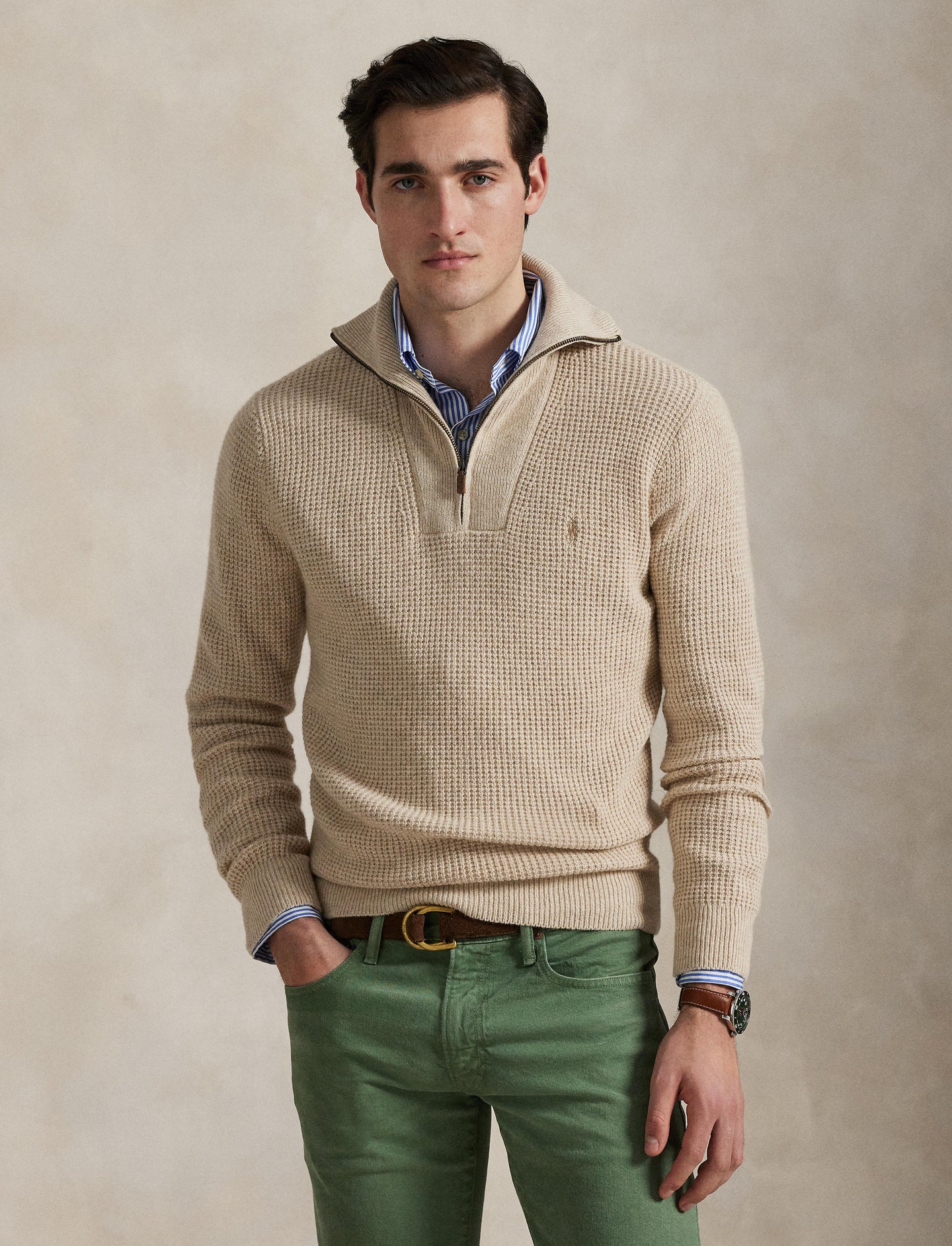 Polo Ralph Lauren - Waffle Knit Wool-Cotton Quarter Zip Sweater - Natural Cream Heather