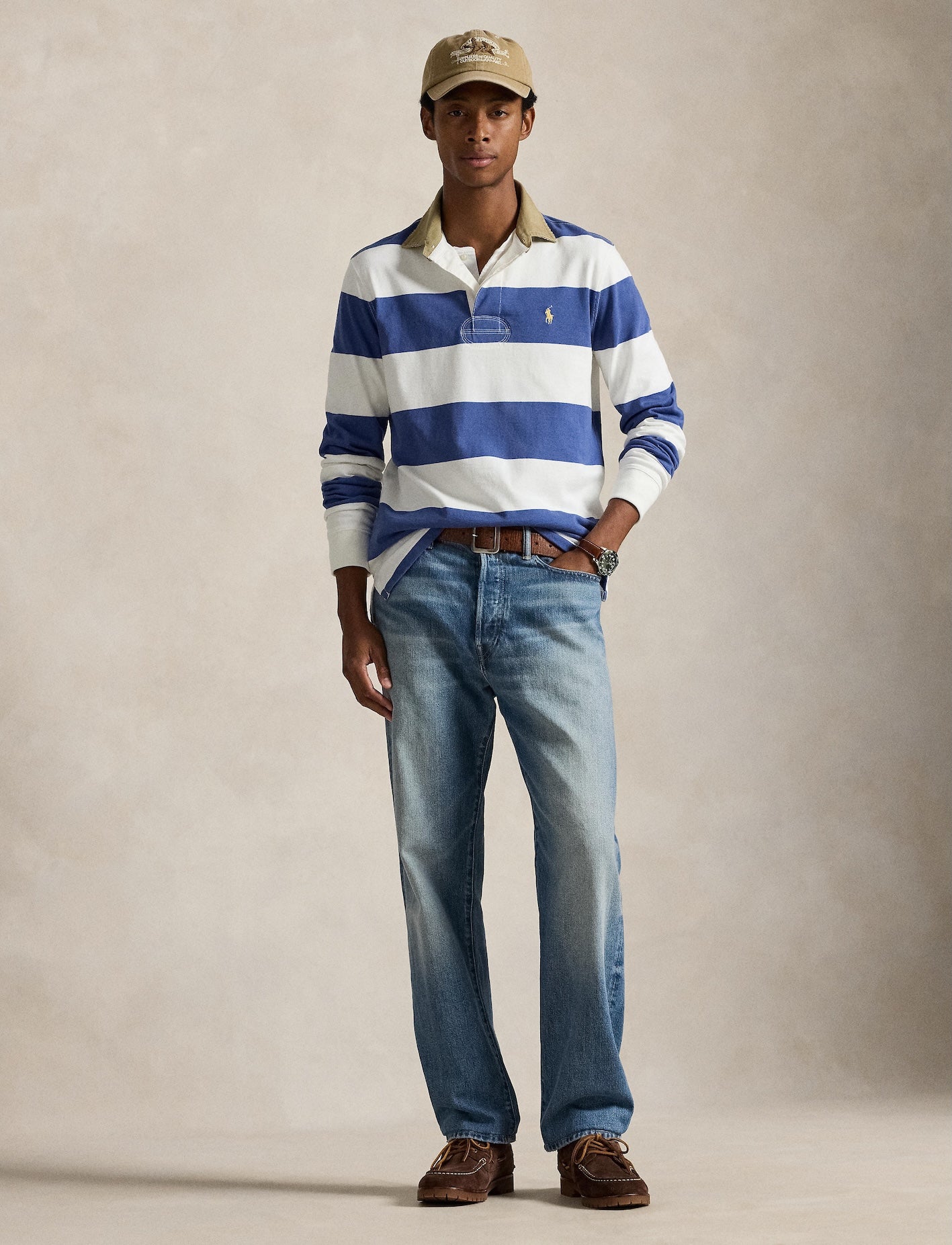 Polo Ralph Lauren - Knit Rugby Shirt - Khaki-Collar - Stripped - White/Blue
