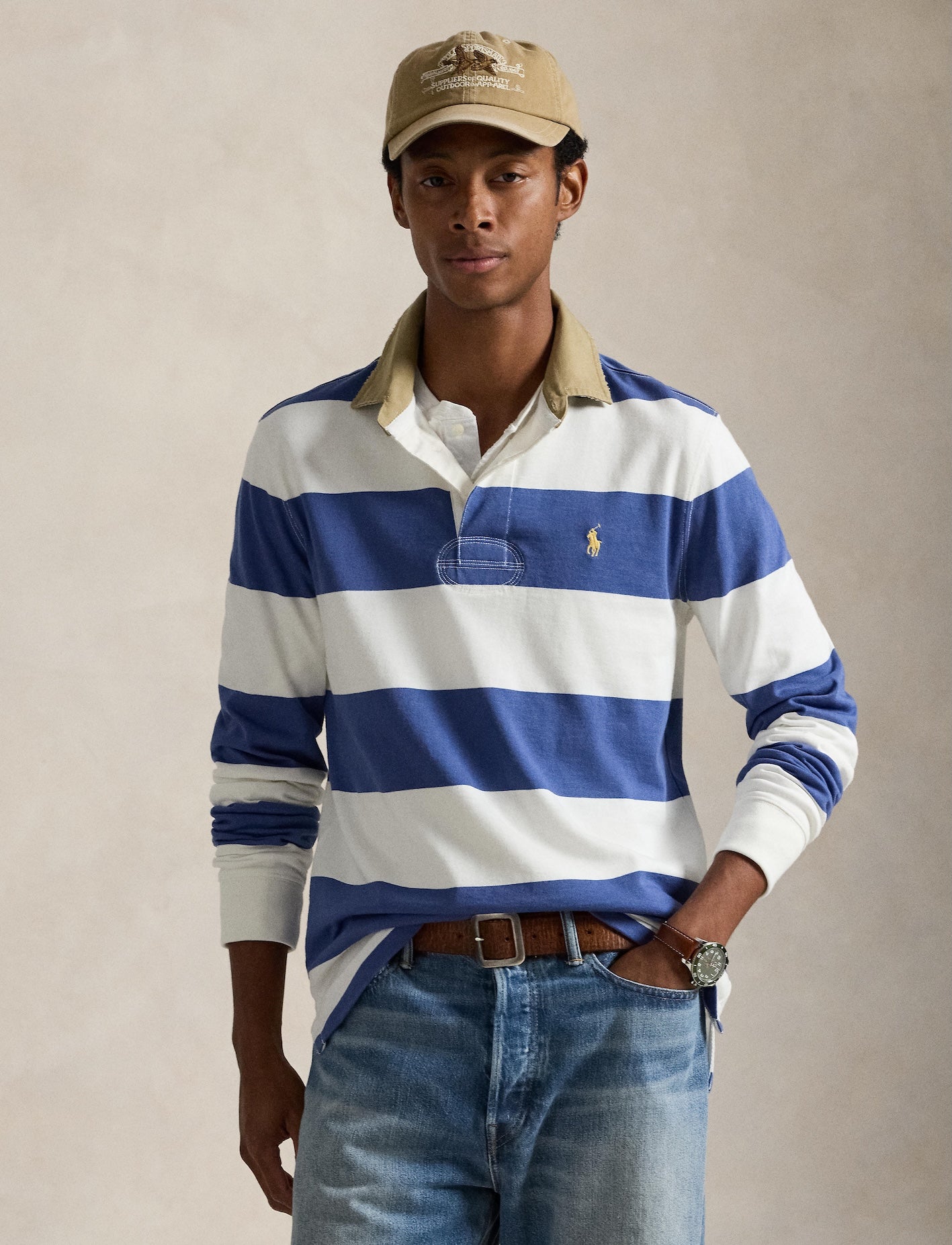 Polo Ralph Lauren - Knit Rugby Shirt - Khaki-Collar - Stripped - White/Blue