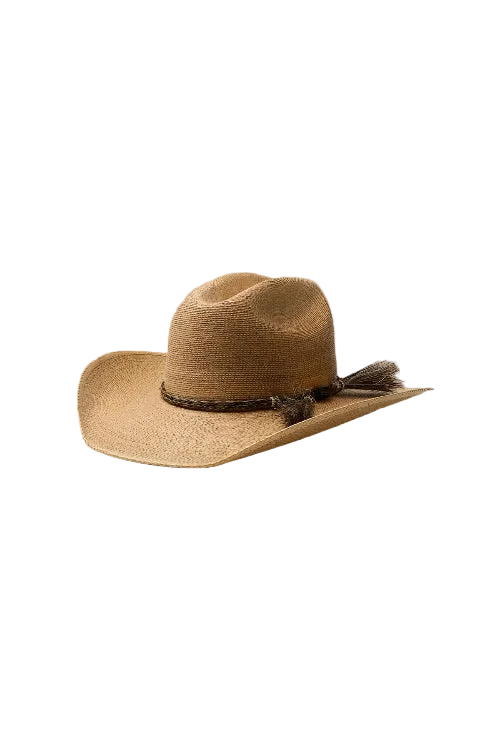 A light tan woven cowboy hat with a dark brown decorative band and feather accent, photographed on a solid beige background.