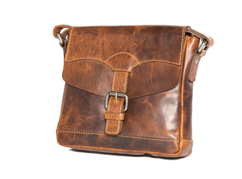 Oran Leather - Addison Crossover Bag - Brandy in rich leather with buckle detailing and adjustable strap.