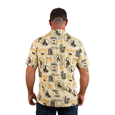 Ringers Western - Aint My First Rumbo Pub Shirt - Off White showcased from the back with a unique all-over print design.