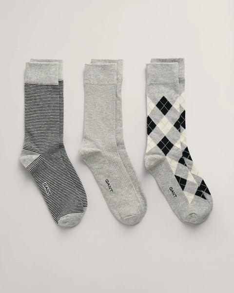 GANT - Argyle Socks - 3 Pack - Light Grey Melange & Black