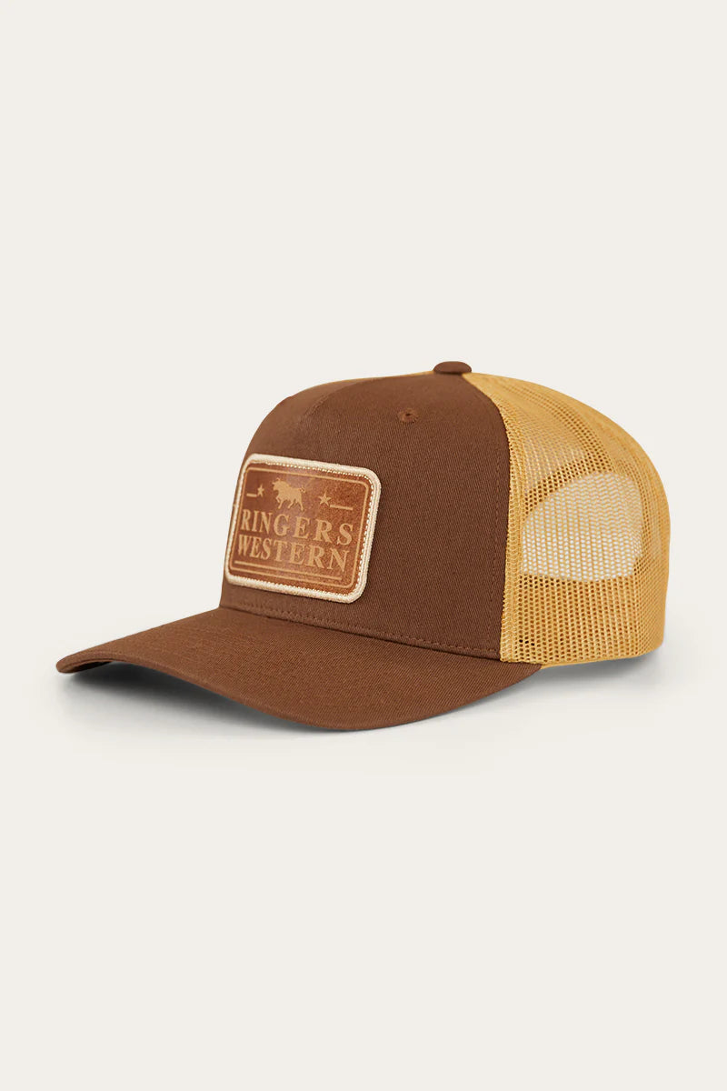 Ringers Western - Awol Trucker Cap - Chocolate showcasing a brown front with a ventilated mesh back and embroidered logo.