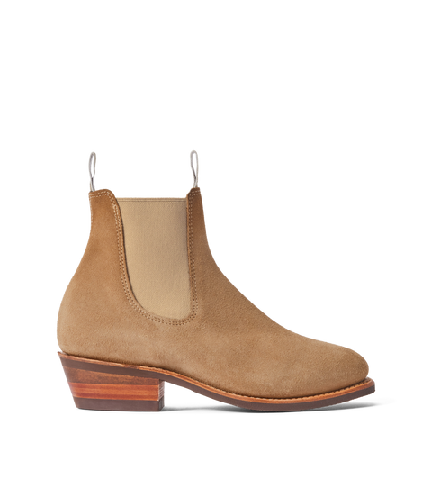 R.M.Williams - Comfort Lady Yearling - Suede - Raw Edge - Wood Ash in soft suede with block heel and elastic sides.
