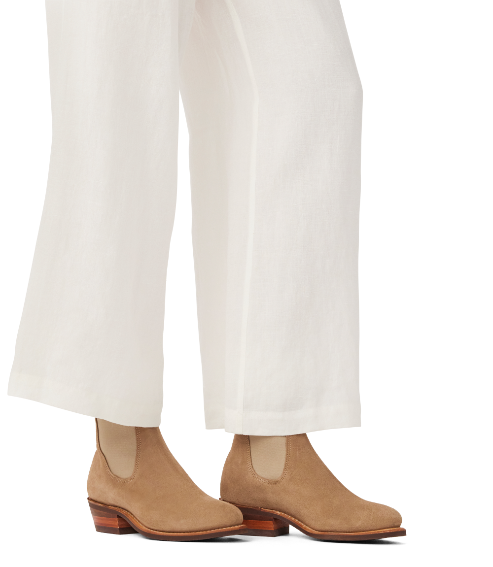 R.M.Williams - Comfort Lady Yearling - Suede - Raw Edge - Wood Ash worn with white linen pants.