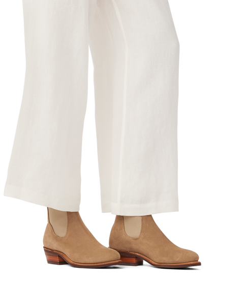 R.M.Williams - Comfort Lady Yearling - Suede - Raw Edge - Wood Ash worn with white linen pants.