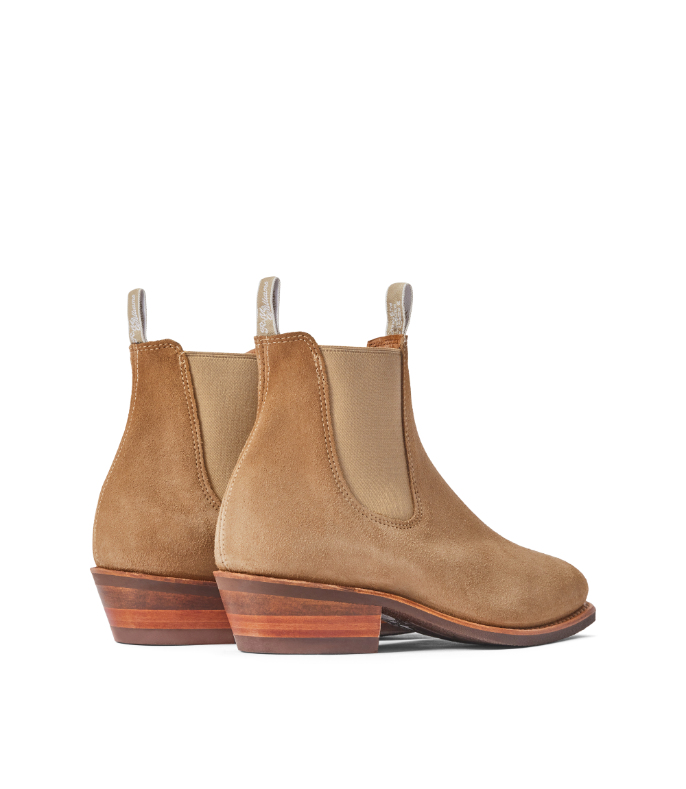 R.M.Williams - Comfort Lady Yearling - Suede - Raw Edge - Wood Ash women's boots showcasing suede material and block heel.