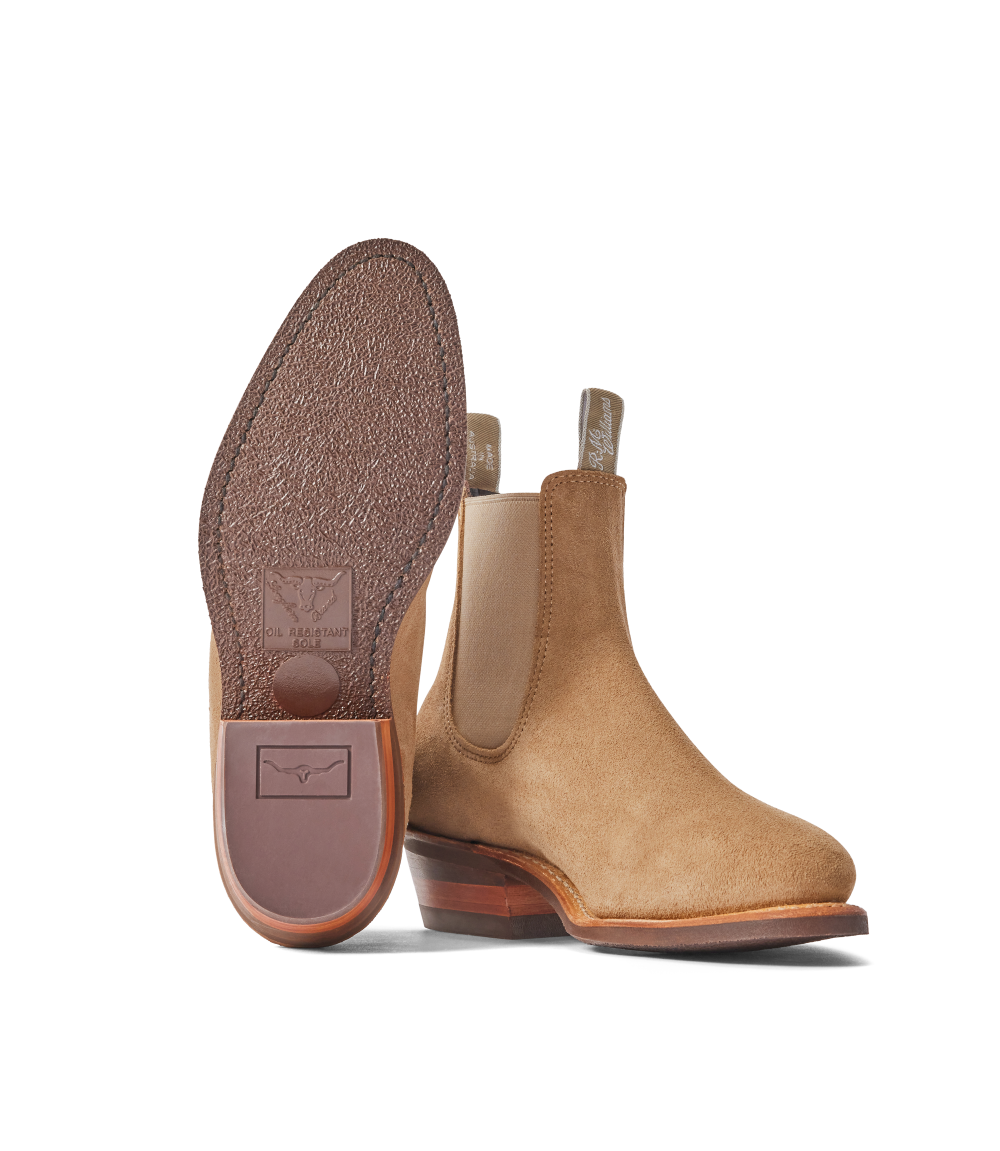 R.M.Williams - Comfort Lady Yearling - Suede - Raw Edge - Wood Ash with visible soles and double branded design.