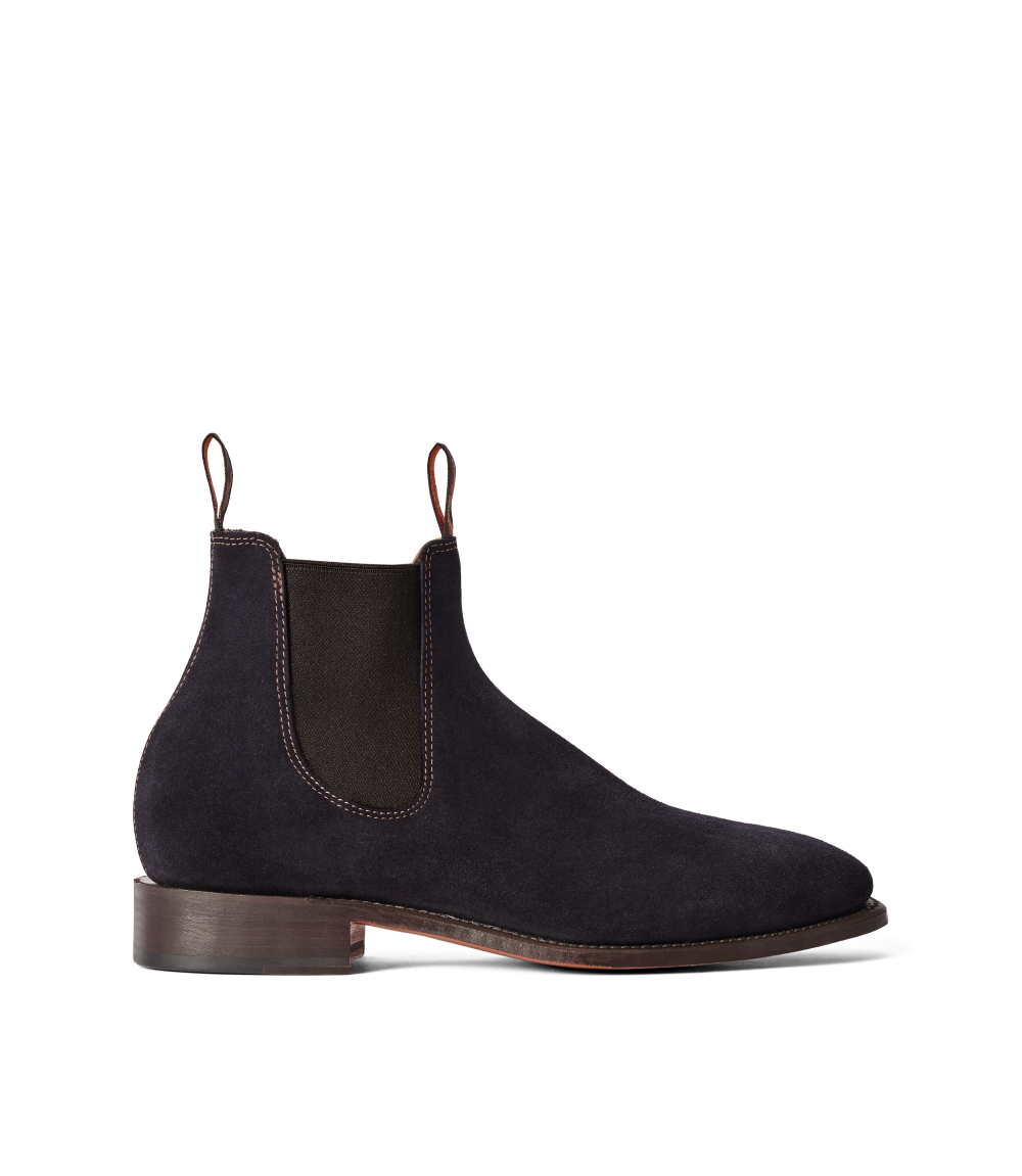 R.M.Williams - Heritage Craftsman Boot - Collector's Edition - Suede Dark - Navy - H Fit side view showcasing premium suede design.