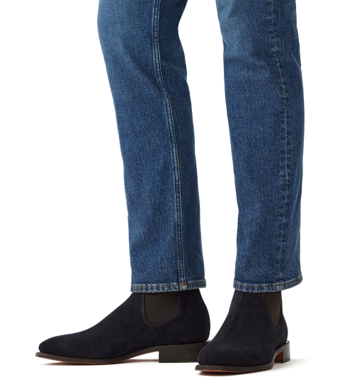 R.M.Williams - Heritage Craftsman Boot - Collector's Edition - Suede Dark - Navy - H Fit worn with denim. Elegant footwear detail.