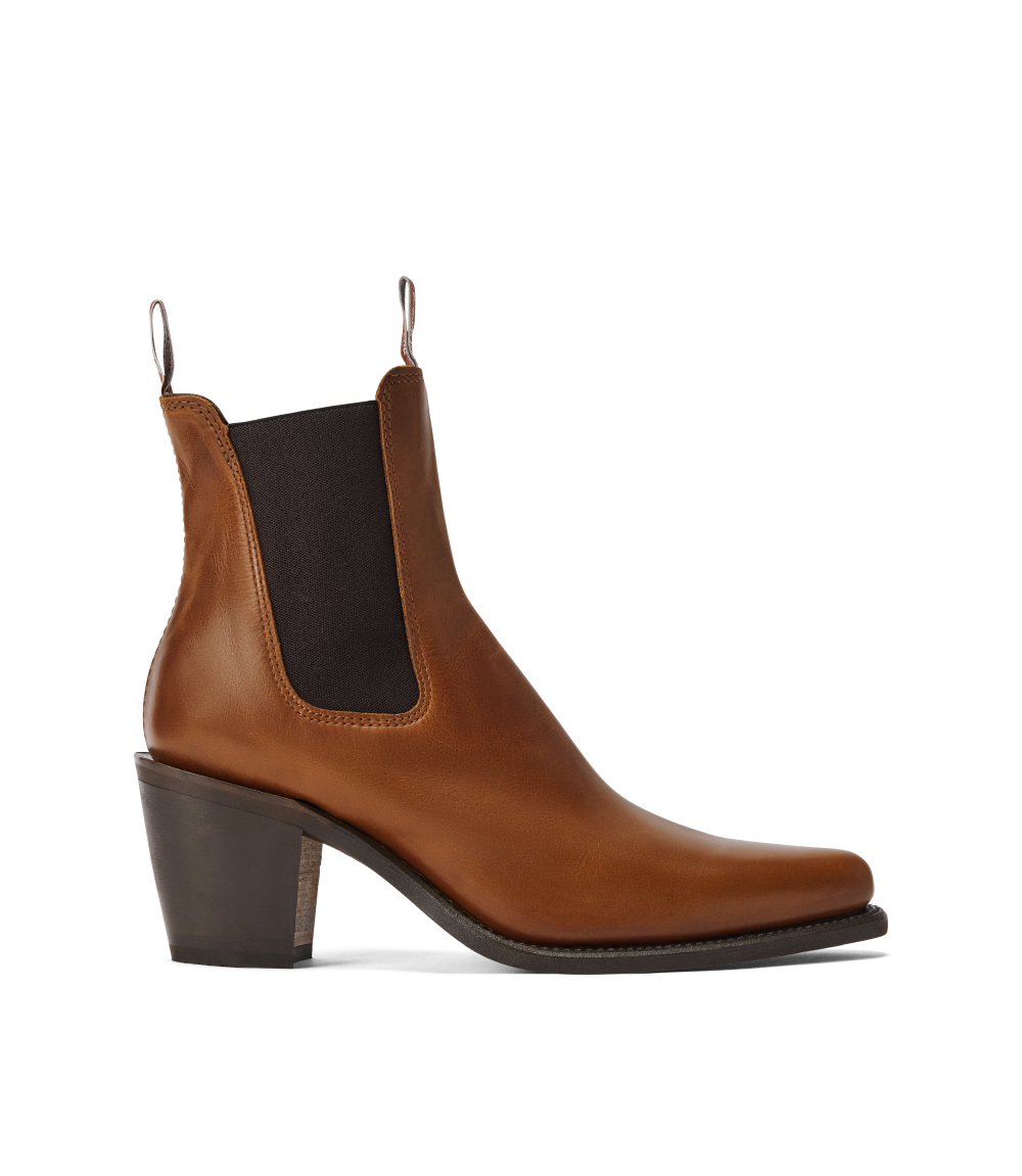 R.M.Williams - Maya Boot - Pull Up Leather - Tan - D Fit side view showcasing pointed toe and block heel design.