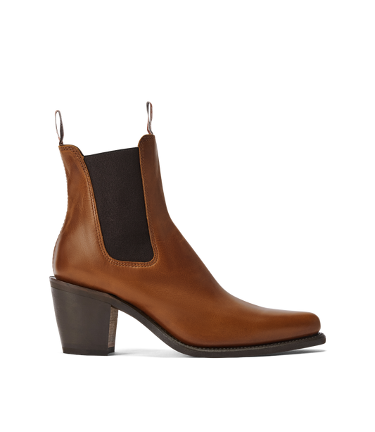 R.M.Williams - Maya Boot - Pull Up Leather - Tan - D Fit side view showcasing pointed toe and block heel design.