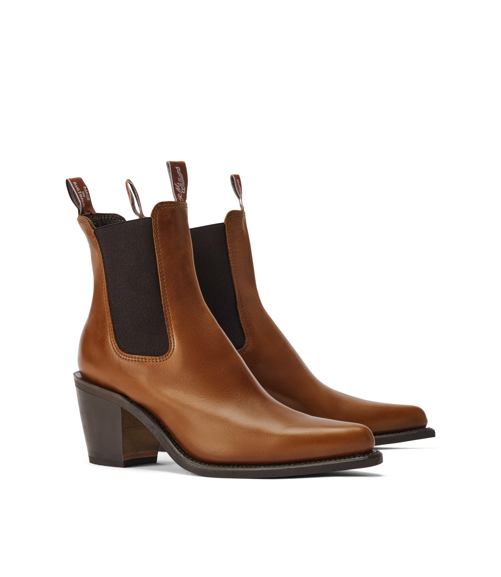 R.M.Williams - Maya Boot - Pull Up Leather - Tan - D Fit displayed; elegant block heel and pointed toe design.