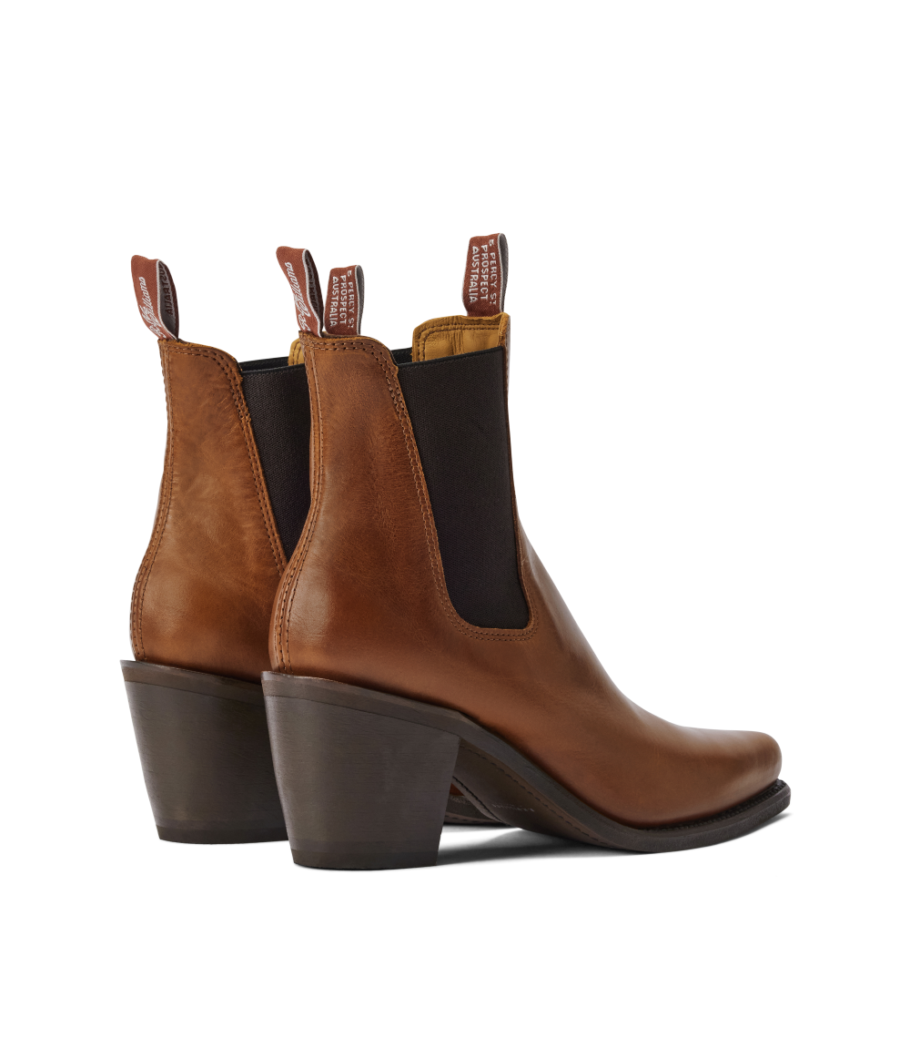 R.M.Williams - Maya Boot - Pull Up Leather - Tan - D Fit showcasing elegant pull-up leather and stylish block heel design.