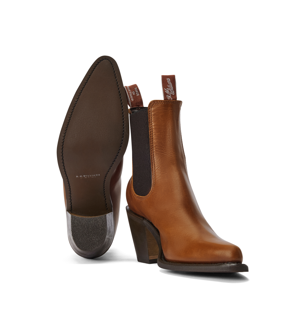 R.M.Williams - Maya Boot - Pull Up Leather - Tan - D Fit showcasing pointed toe and block heel.