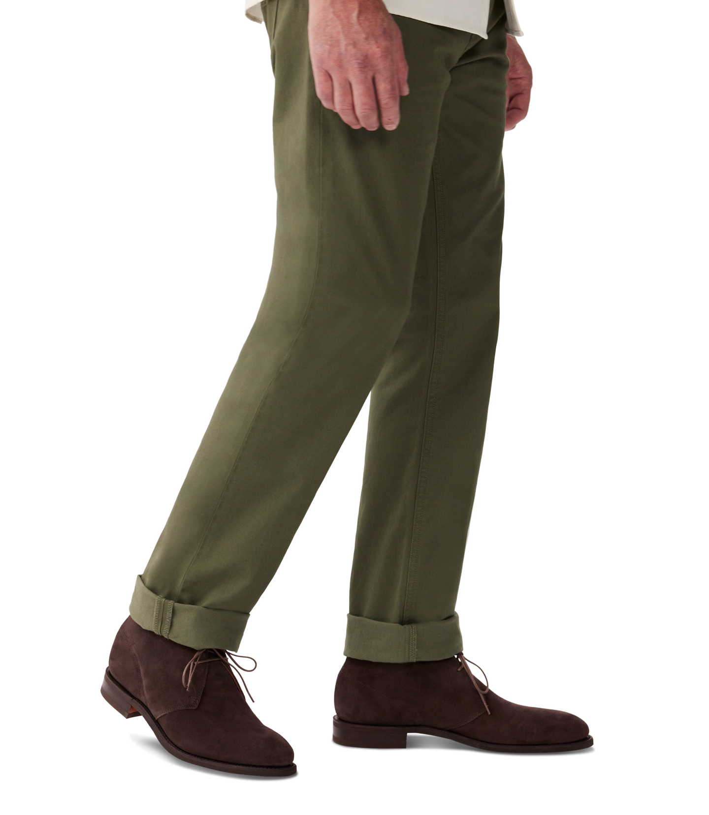 R.M.Williams - Kingscliff Boot - Suede - Dark Brown worn with olive green trousers, showcasing versatile style.