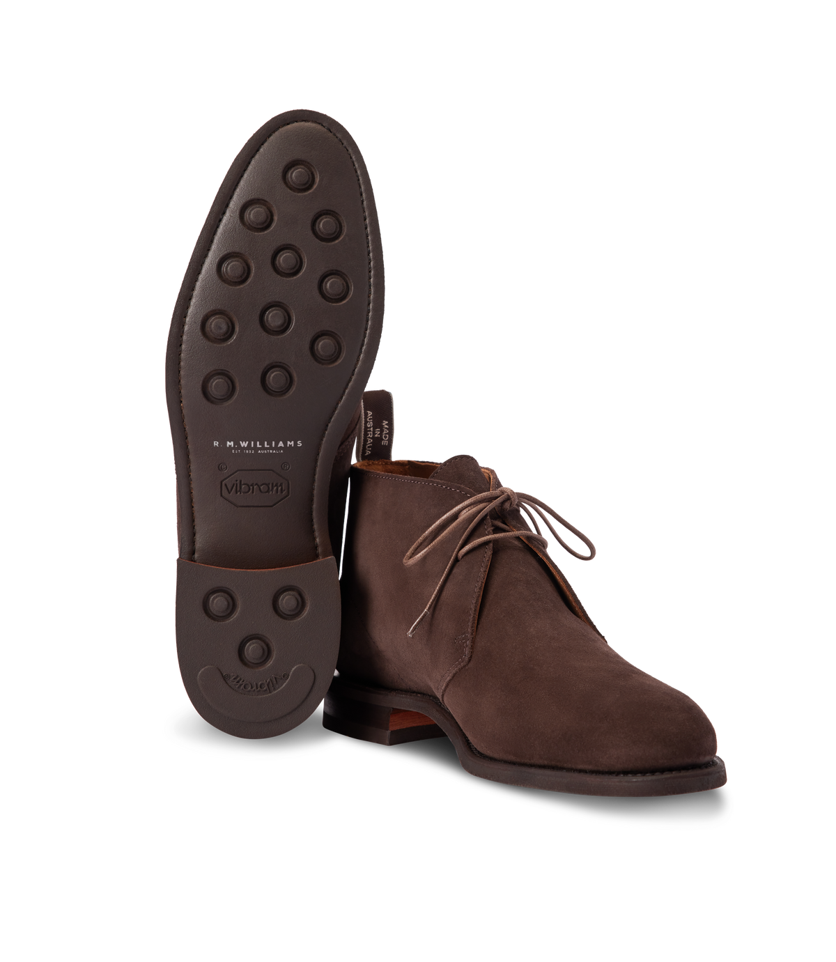 R.M.Williams - Kingscliff Boot - Suede - Dark Brown showcasing a durable sole and luxe dark brown suede finish.