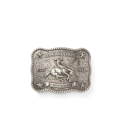 R.M.Williams - Cloudbuster Trophy Belt Buckle - Antique Silver Finish with intricate design and rope edge detail