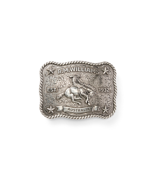 R.M.Williams - Cloudbuster Trophy Belt Buckle - Antique Silver Finish with intricate design and rope edge detail