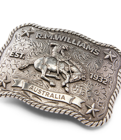 R.M.Williams - Cloudbuster Trophy Belt Buckle - Antique Silver Finish featuring a horse design and intricate details.