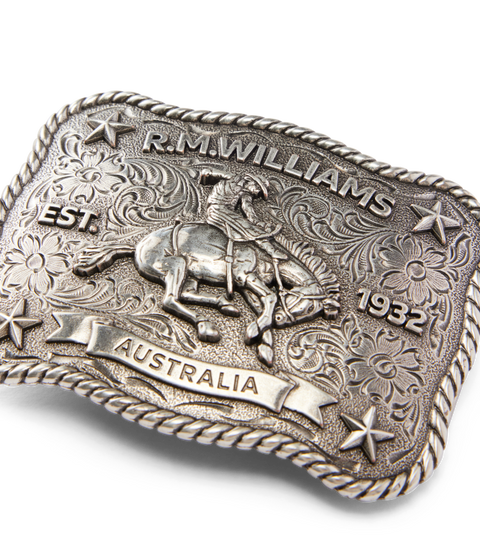 R.M.Williams - Cloudbuster Trophy Belt Buckle - Antique Silver Finish featuring a horse design and intricate details.