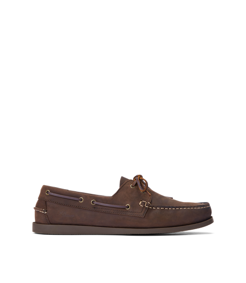 R.M.Williams - Islet Moccasin Boat Shoe - Bark side view showcasing premium crazy horse leather and traditional moccasin construction.