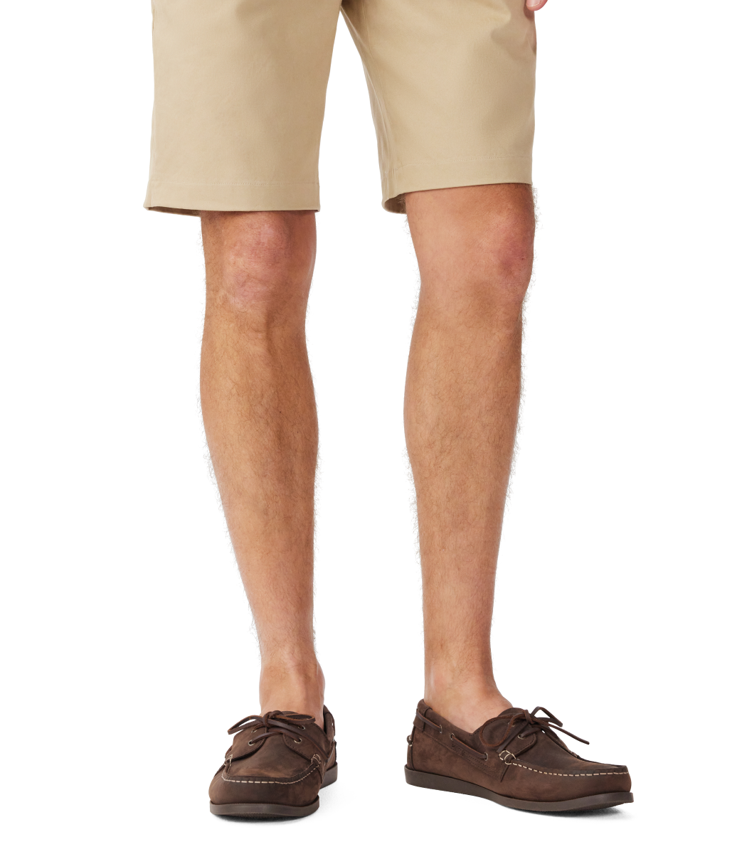 R.M.Williams - Islet Moccasin Boat Shoe - Bark worn with casual shorts, showcasing comfortable summer style.