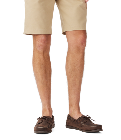 R.M.Williams - Islet Moccasin Boat Shoe - Bark worn with casual shorts, showcasing comfortable summer style.