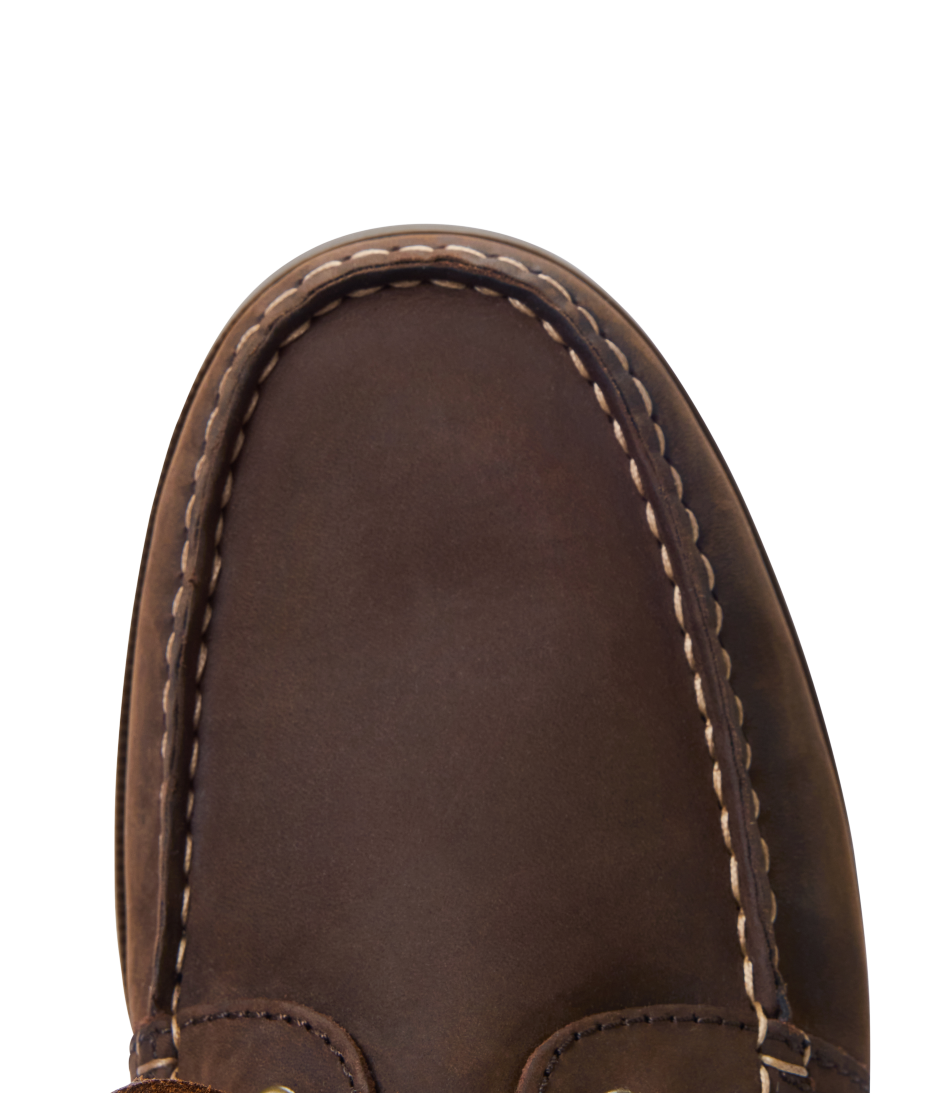 R.M.Williams - Islet Moccasin Boat Shoe - Bark close-up showing premium crazy horse leather and traditional moccasin construction.