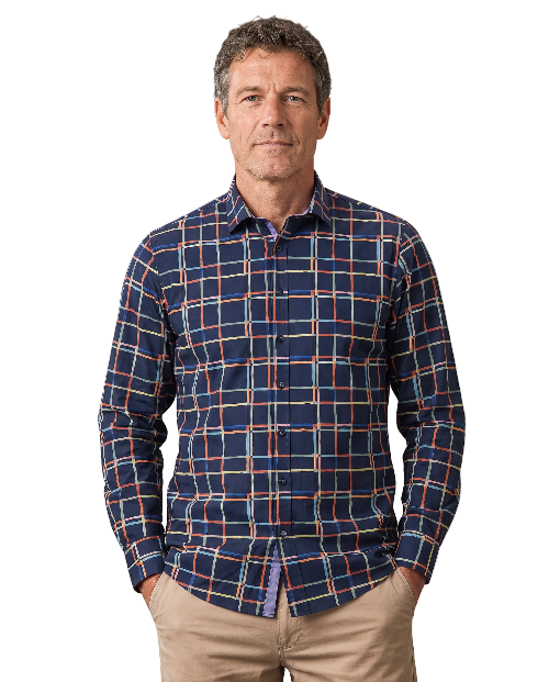 A Fish Named Fred - Line Art LS Check Shirt - Navy