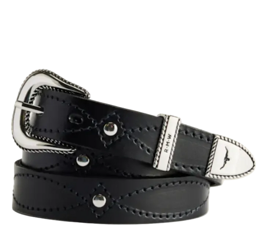 A black leather belt with silver-tone metal hardware, featuring decorative stitching and a silver buckle, coiled on a light beige background.