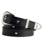 A black leather belt with silver-tone metal hardware, featuring decorative stitching and a silver buckle, coiled on a light beige background.