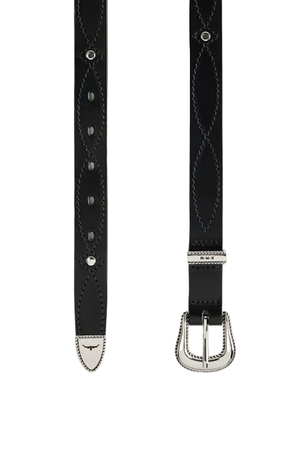 A black leather belt with silver-tone hardware, featuring decorative stitching and a silver-toned buckle, displayed against a light cream background.