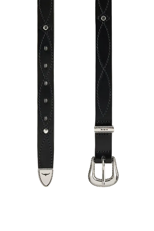 A black leather belt with silver-tone hardware, featuring decorative stitching and a silver-toned buckle, displayed against a light cream background.