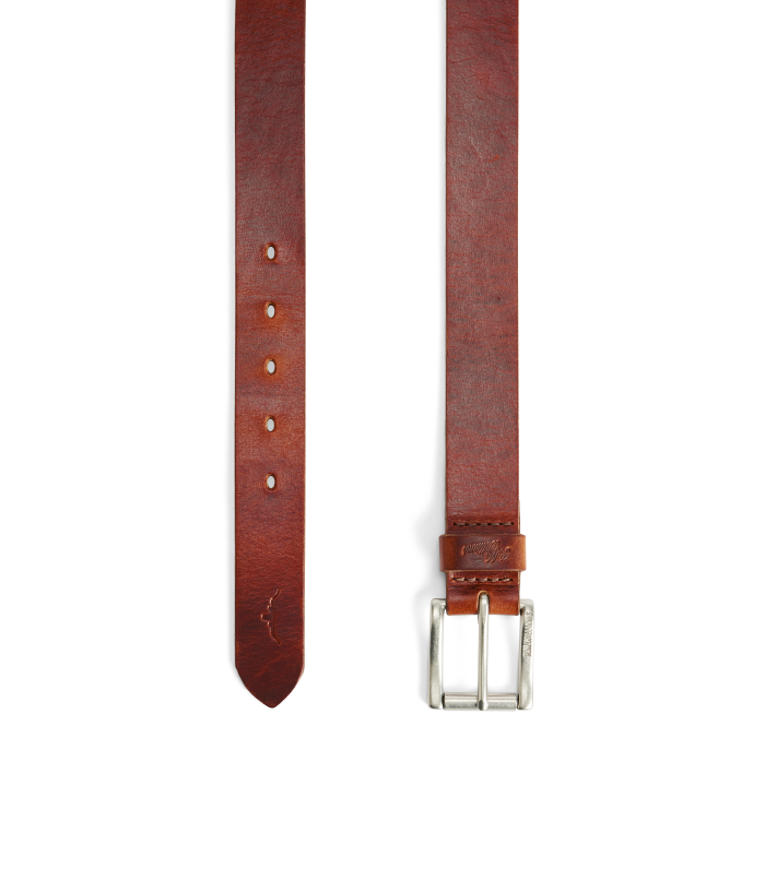 A brown leather belt shown flat on a white background, with one half displaying the stitched strap and holes and the other half showing the silver-tone buckle.