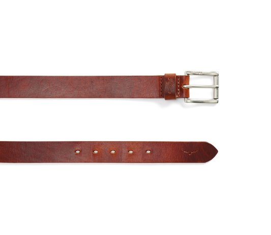 A brown leather belt shown flat on a white background, with one half displaying the stitched strap and holes and the other half showing the silver-tone buckle.
