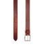 A brown leather belt shown flat on a white background, with one half displaying the stitched strap and holes and the other half showing the silver-tone buckle.