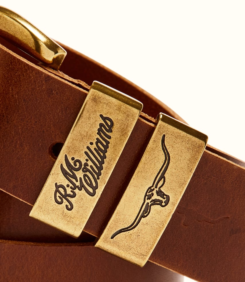 R.M.Williams - Drover Belt - Antique Brass Hardware - Caramel