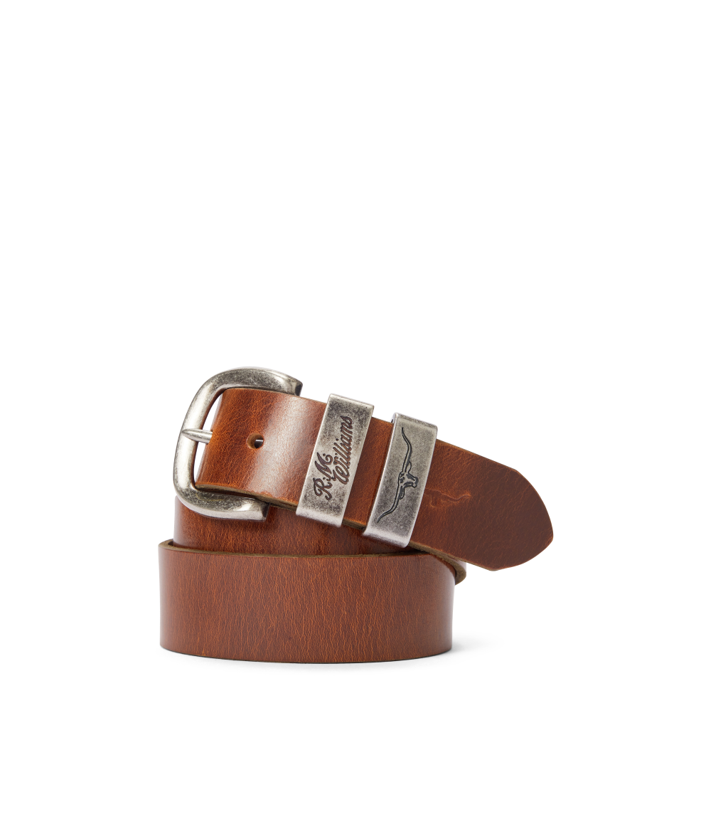 R.M.Williams - Drover Belt - Dark Bronze Hardware - Mid Brown with double keepers and premium leather design.