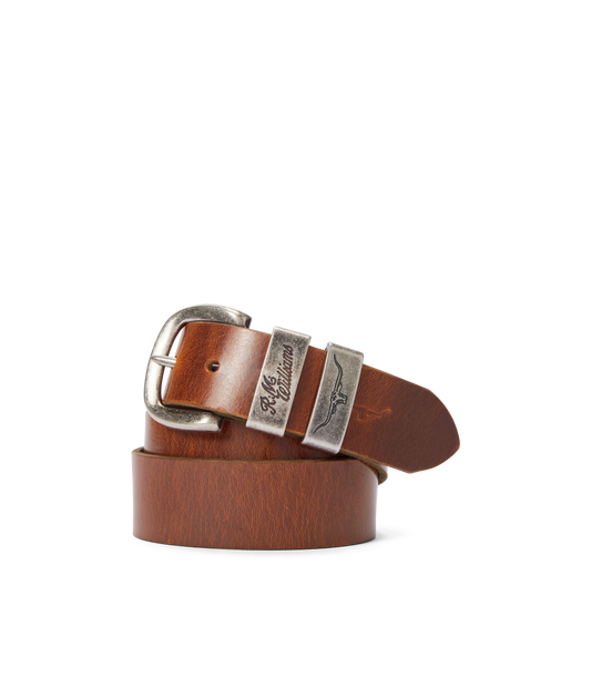 R.M.Williams - Drover Belt - Dark Bronze Hardware - Mid Brown with double keepers and premium leather design.