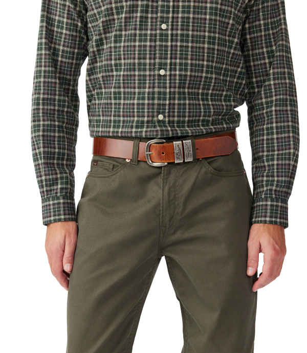 R.M.Williams - Drover Belt - Dark Bronze Hardware - Mid Brown worn with a plaid shirt and olive green pants.