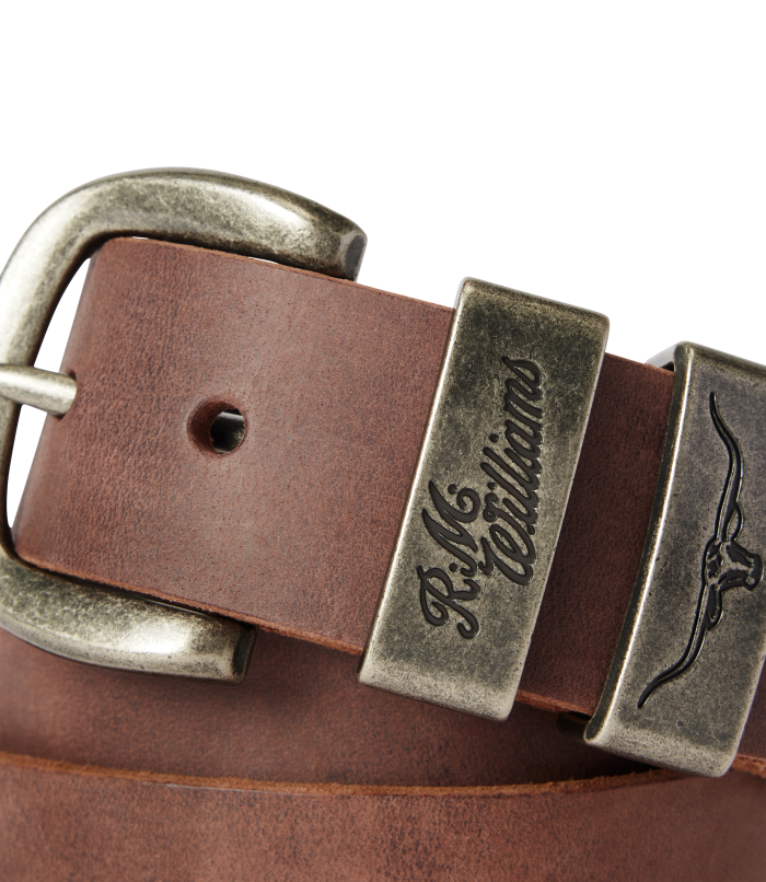 R.M.Williams - Drover Belt - Antique Nickel Hardware - Bark featuring heritage saddlery hardware and crazy horse leather.
