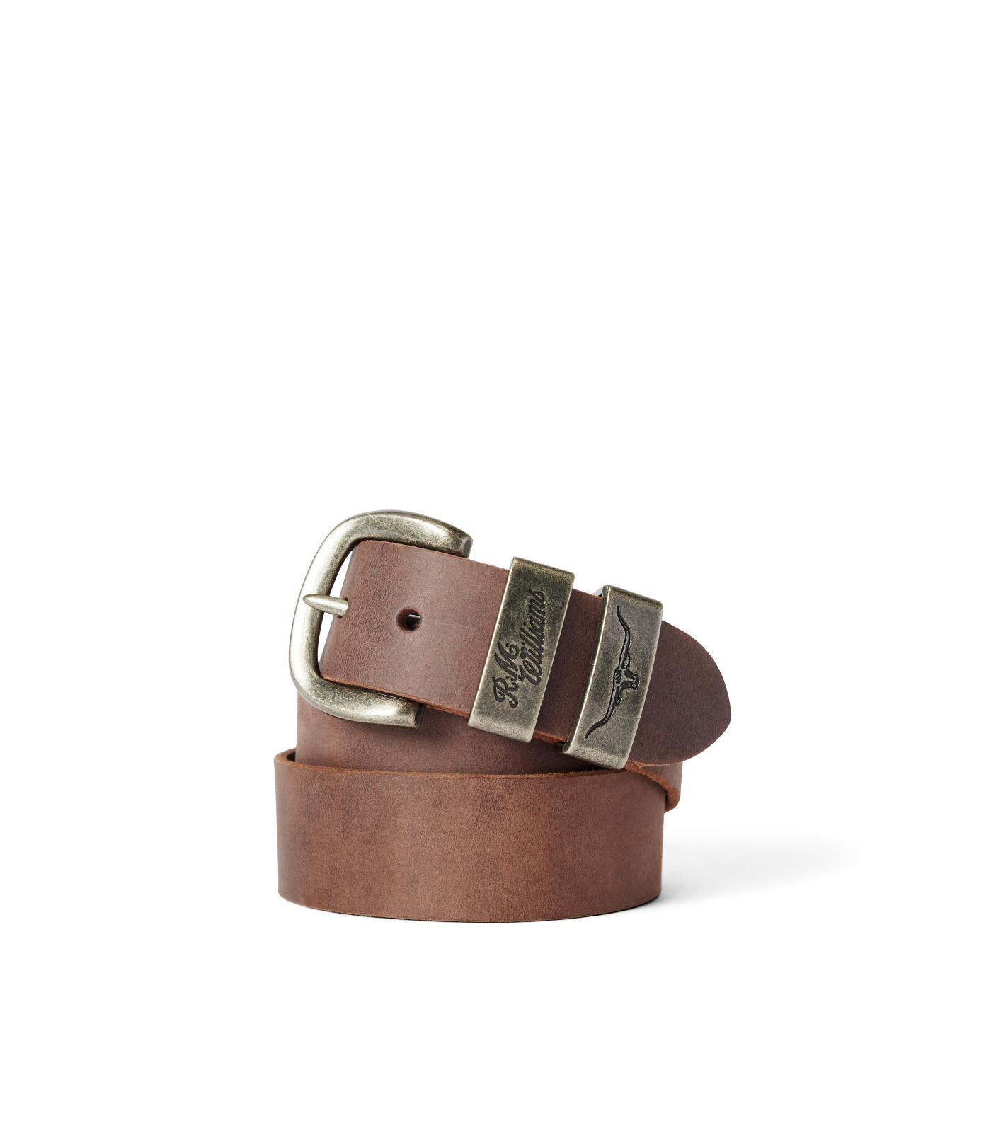R.M.Williams - Drover Belt - Antique Nickel Hardware - Bark, featuring vintage-inspired hardware and crafted from quality leather.
