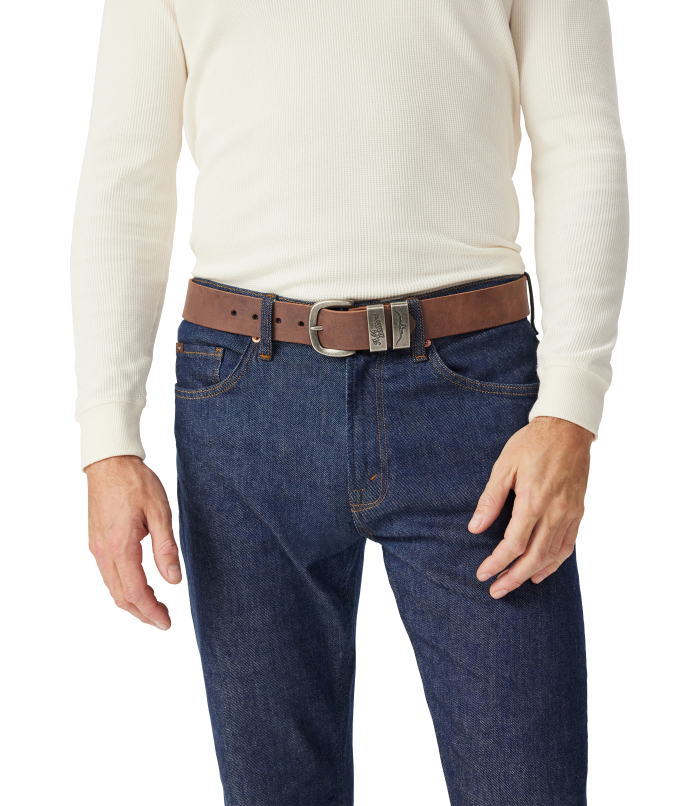 R.M.Williams - Drover Belt - Antique Nickel Hardware - Bark worn with denim jeans and a white long-sleeve shirt.